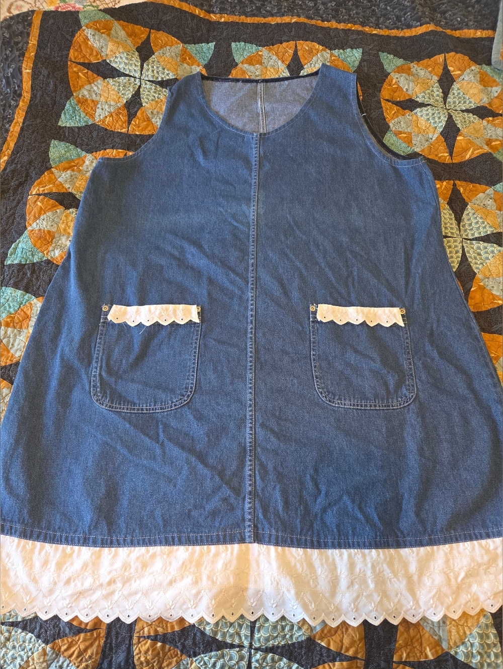 Women's Denim Blue Smock Dress with White Eyelet Trim - Unbranded